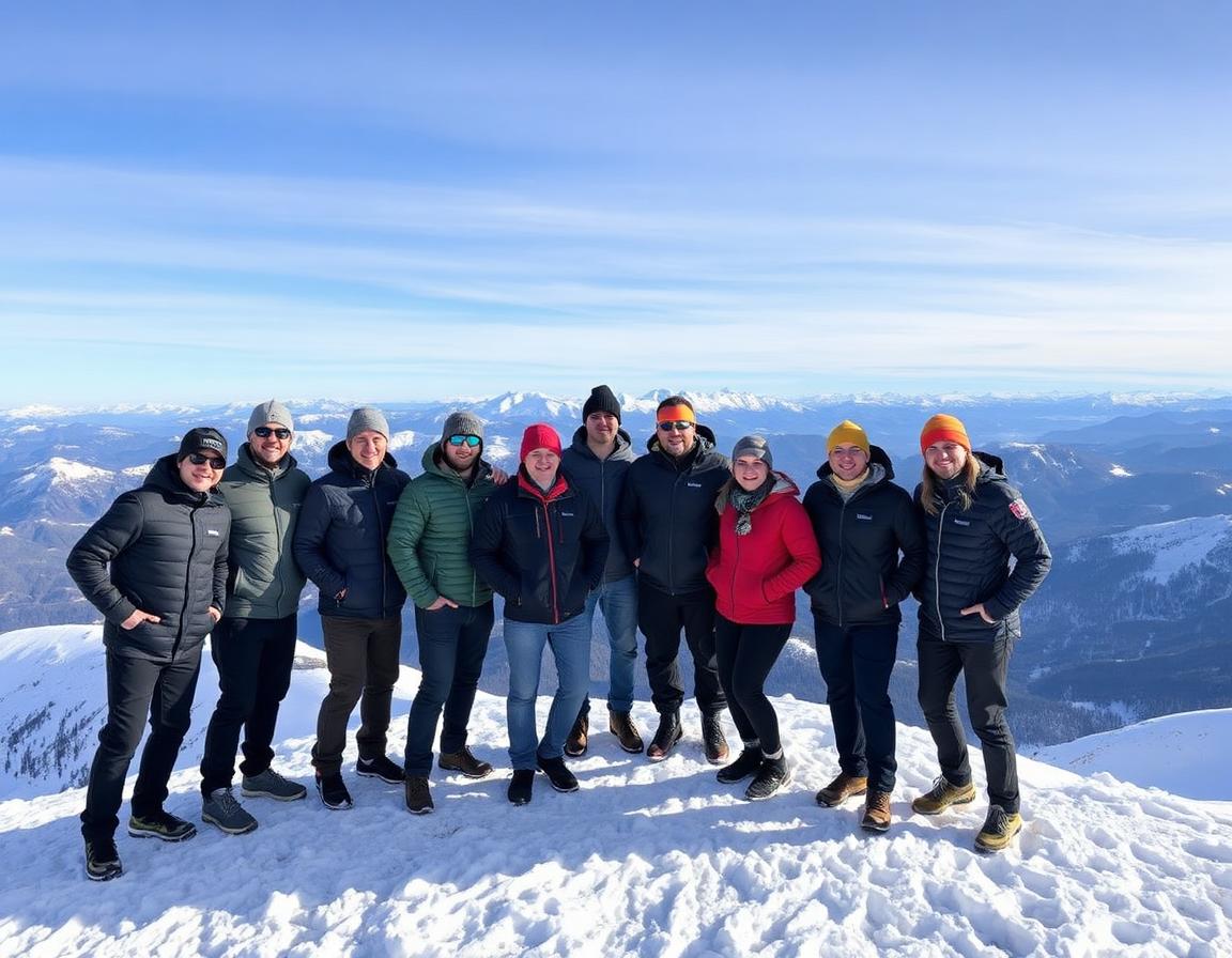 Team su una vetta innevata durante un retreat invernale