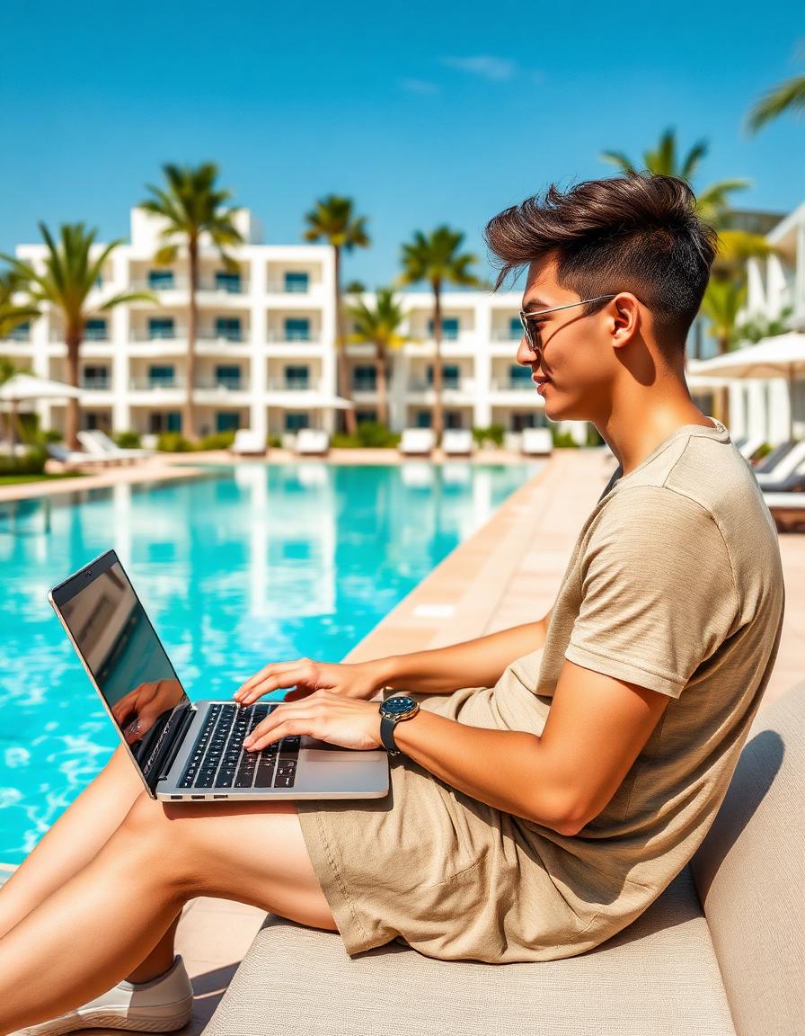 Lavoro in remoto a bordo piscina in un resort